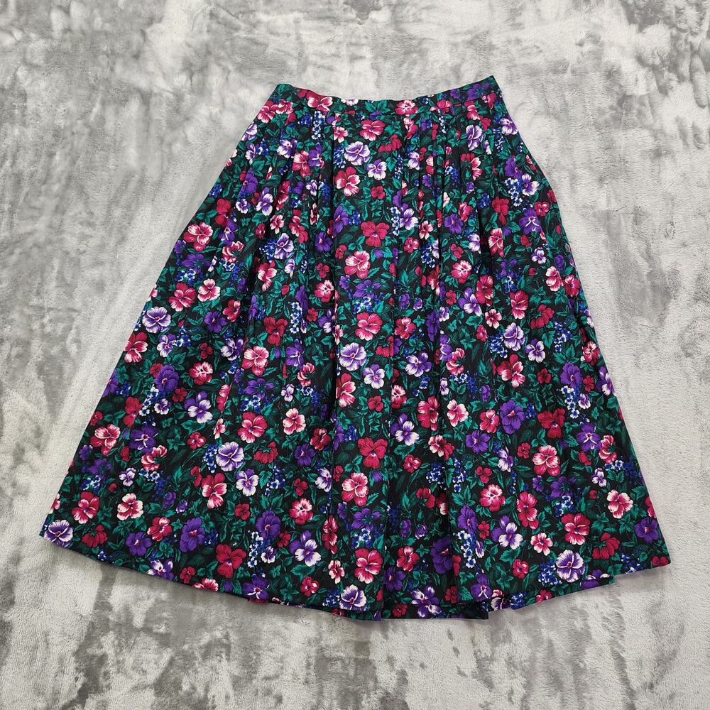 Vintage Skirt Womens S Black Floral Pleated A-Line Cotton Cottagecore Hand Made
